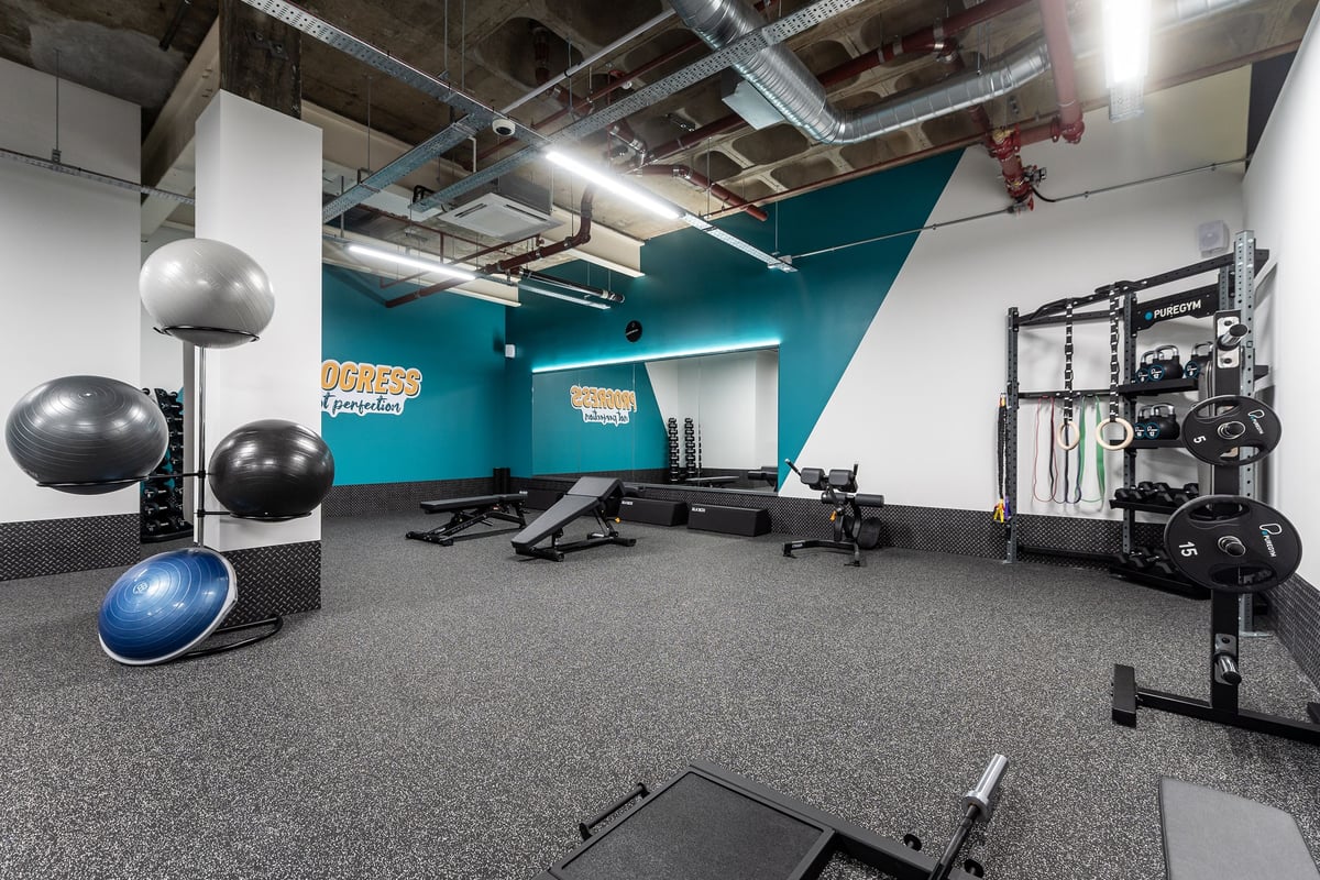 PureGym London Wood Green: Strength training rig, stability balls, benches, rubberized floors in a studio setting.