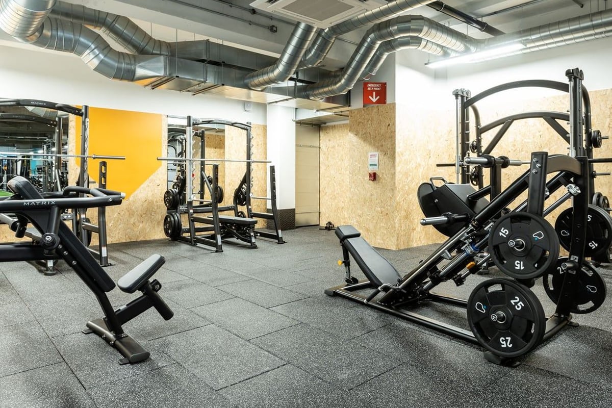 PureGym London Streatham: Weight benches, squat racks, free weights, and exposed ductwork in a gym setting.
