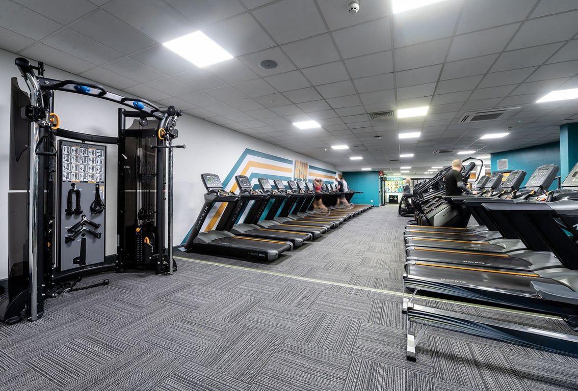PureGym Epsom: Rows of treadmills, cross-trainers, cable machines, and a functional rig with weight plates.