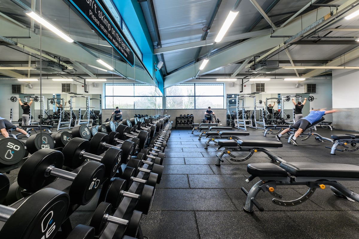 PureGym Mansfield: Rows of treadmills, ellipticals, weight racks, benches, and rubberized flooring inside a gym.