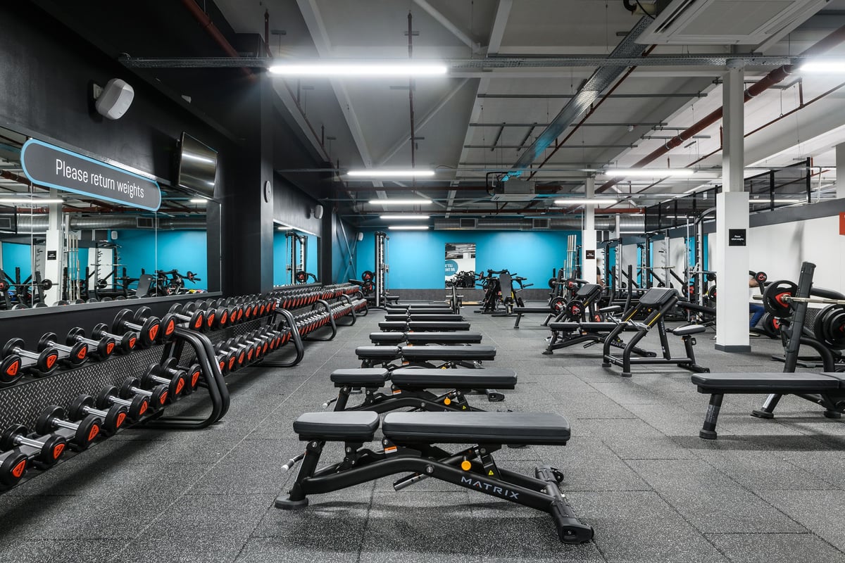 PureGym Cambridge Grafton Centre: Rows of benches, weight racks, dumbbells, and barbells in a basement gym setting.