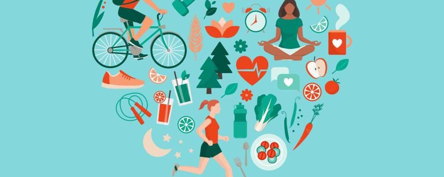 Collage en forme de cœur d’icônes de mode de vie sain : vélo, course, méditation