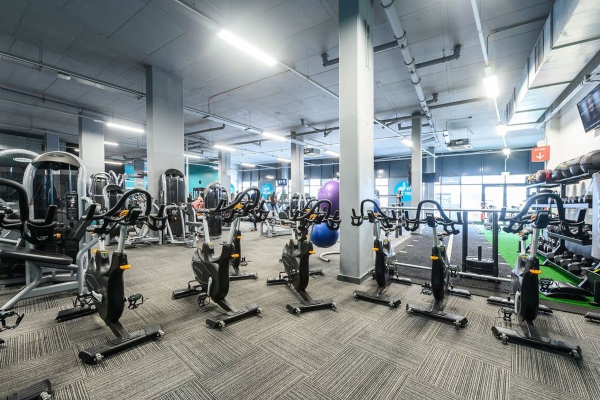 PureGym London Acton: Rows of elliptical machines, stationary bikes, and weight racks in a brightly lit fitness centre.