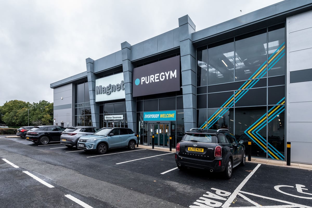 PureGym Solihull Sears Retail Park: Exterior gym building, parking spaces, Pure Gym branding visible.