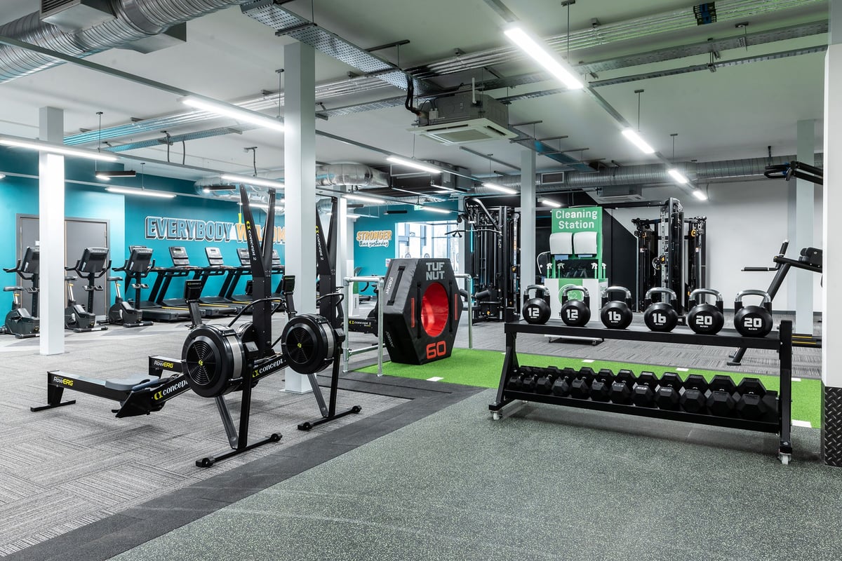 PureGym Milton Keynes Kingston Centre: Treadmills, weight racks, free weights, strength machines on rubberized gym flooring.