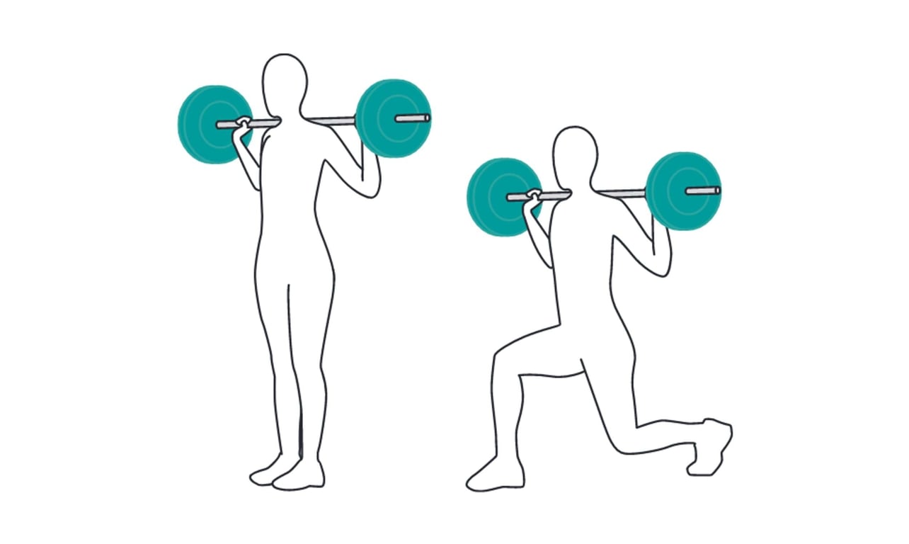 Two figures performing barbell lunges, one standing and one lunging forward.