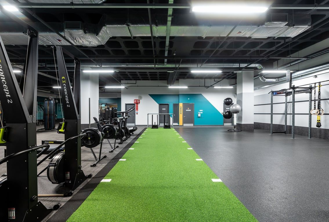 PureGym Ipswich Buttermarket: Weight racks, turf runway, climbing ropes, rubberised floors in a gym studio.
