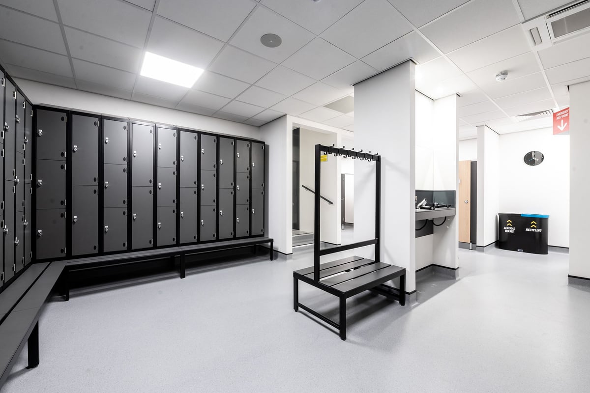 PureGym Yeovil Houndstone Retail Park: Lockers, benches, and mirrors inside the changing room.