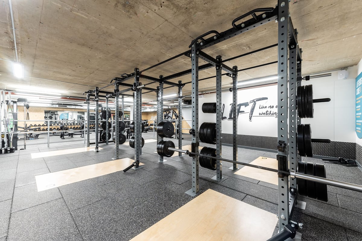 PureGym London Angel: Racks for squats, presses, deadlifts with weight plates and bars on rubberized floors.