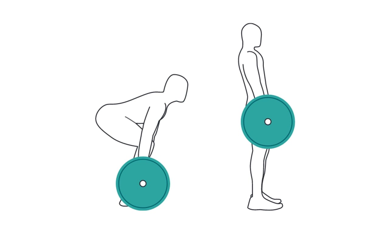 Person performing deadlift with barbell in starting and finishing positions