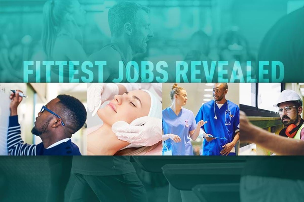Man writing on whiteboard, woman receiving facial treatment, two nurses talking, man in ha