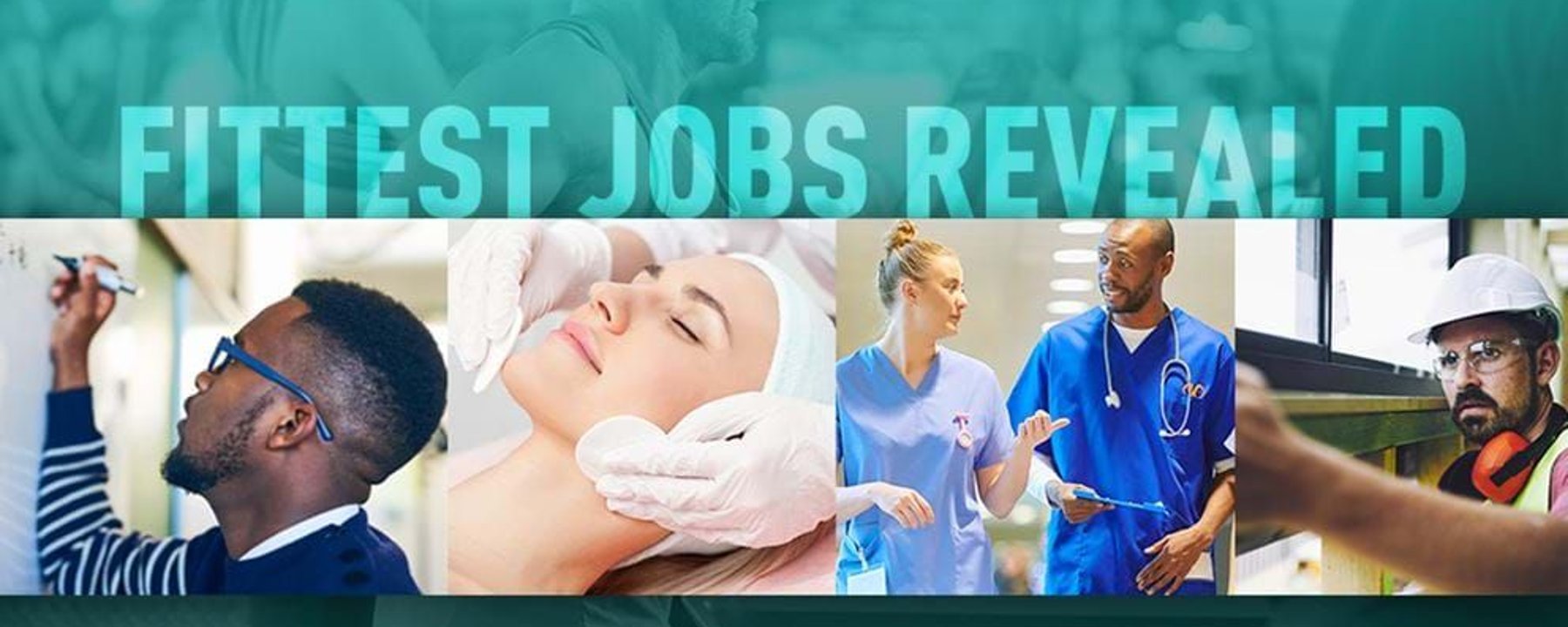 Man writing on whiteboard, woman receiving facial treatment, two nurses talking, man in ha