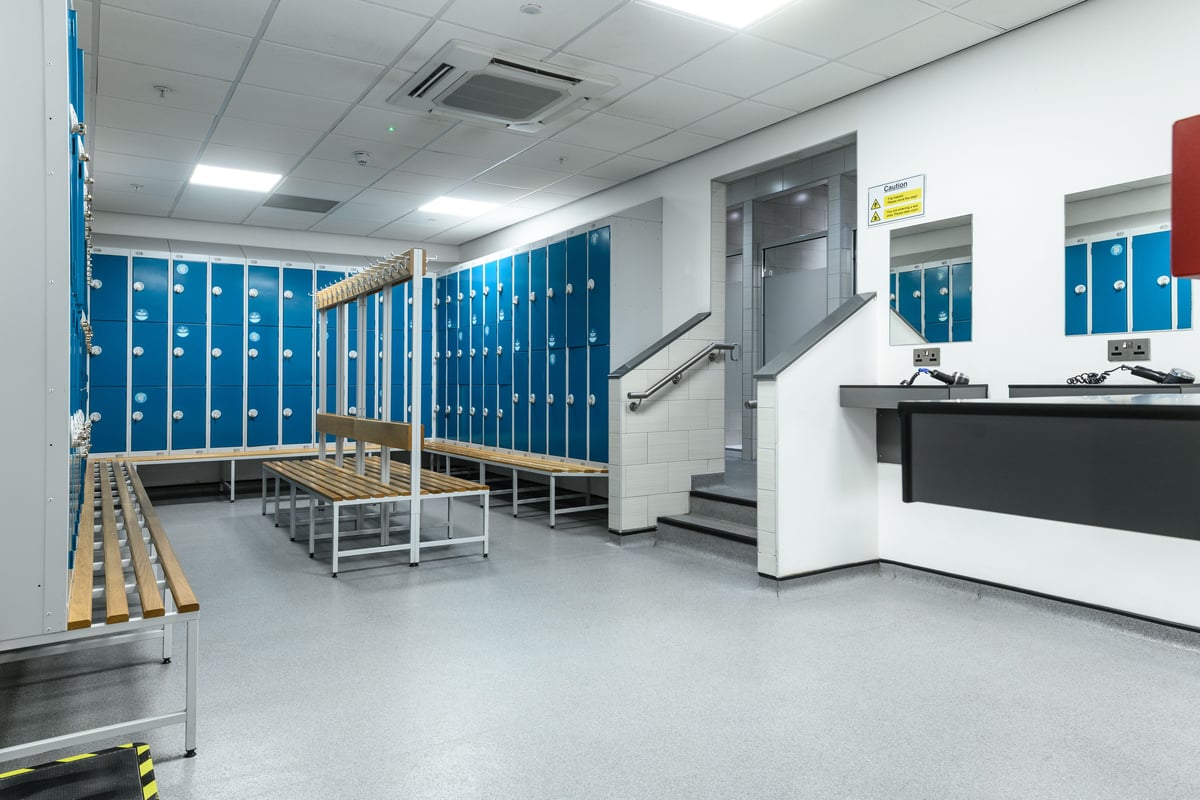 PureGym East Kilbride: changing room with lockers and benches in a gym