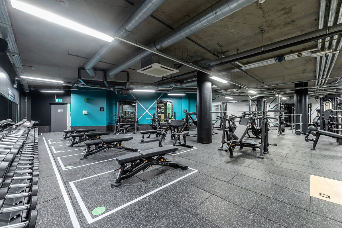 PureGym London Camberwell New Road: Gym area with weight benches, power racks, rubberized floors, and turquoise accent walls.