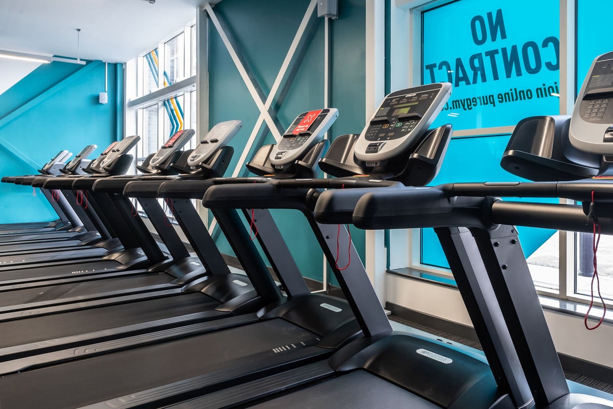 PureGym Bournemouth Mallard Road Retail Park: Row of treadmills facing the windows with no contract signage facing outside.