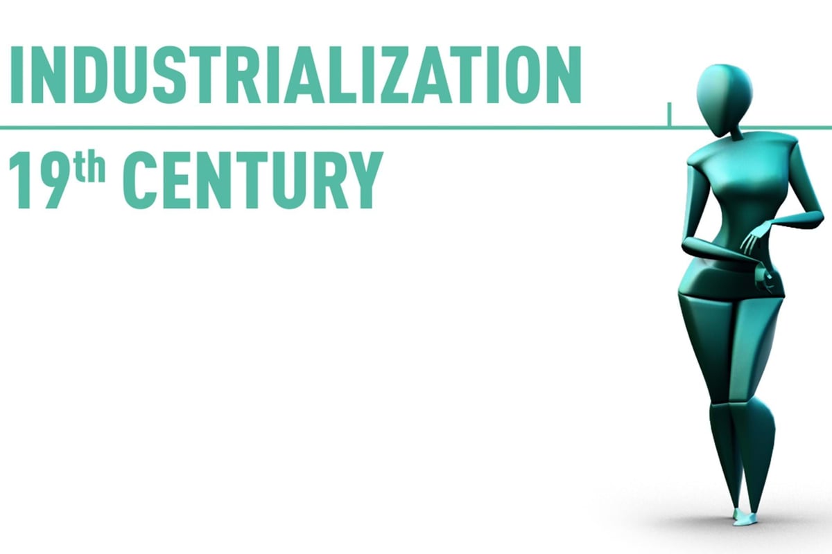 Industrialisation 19th century text with a teal abstract human figure holding a wrench
