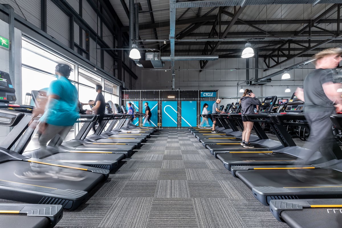 PureGym Wolverhampton Bentley Bridge: Rows of treadmills in a gym setting with industrial ceiling and lighting fixtures.