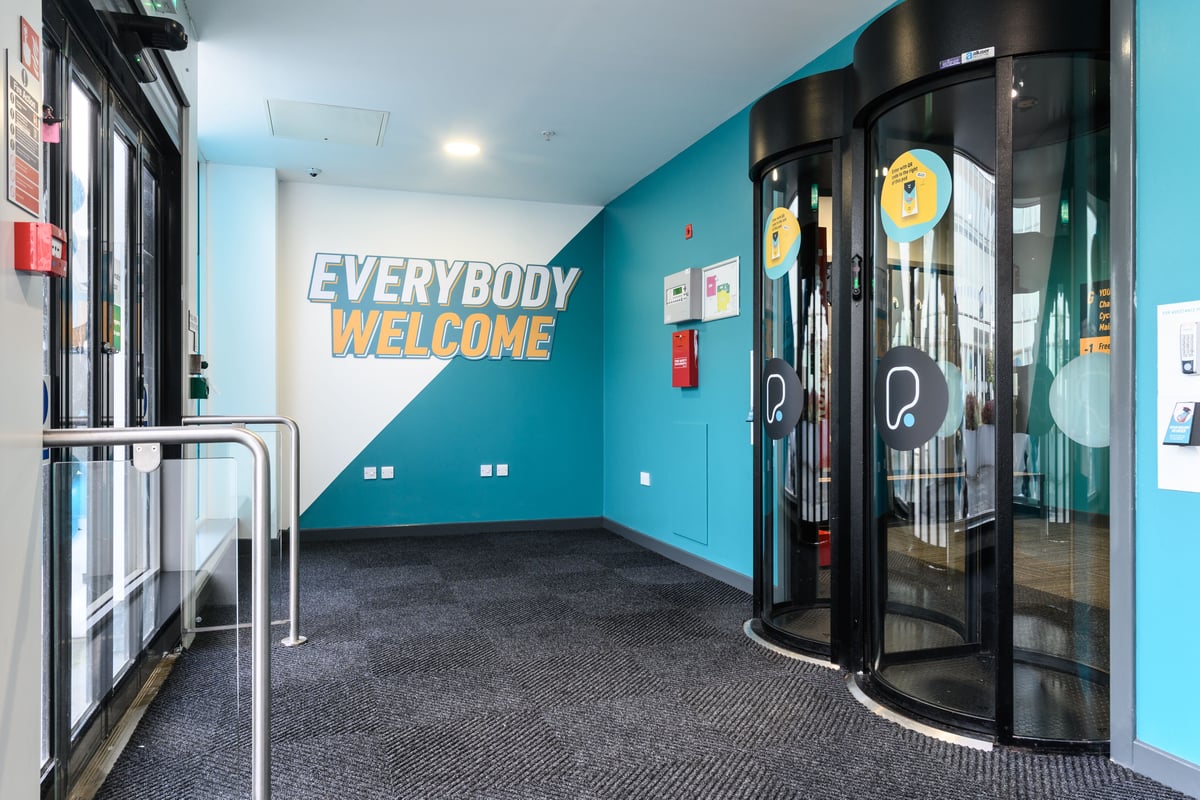 PureGym East Kilbride: interior shot of app-operated entry pods in a gym