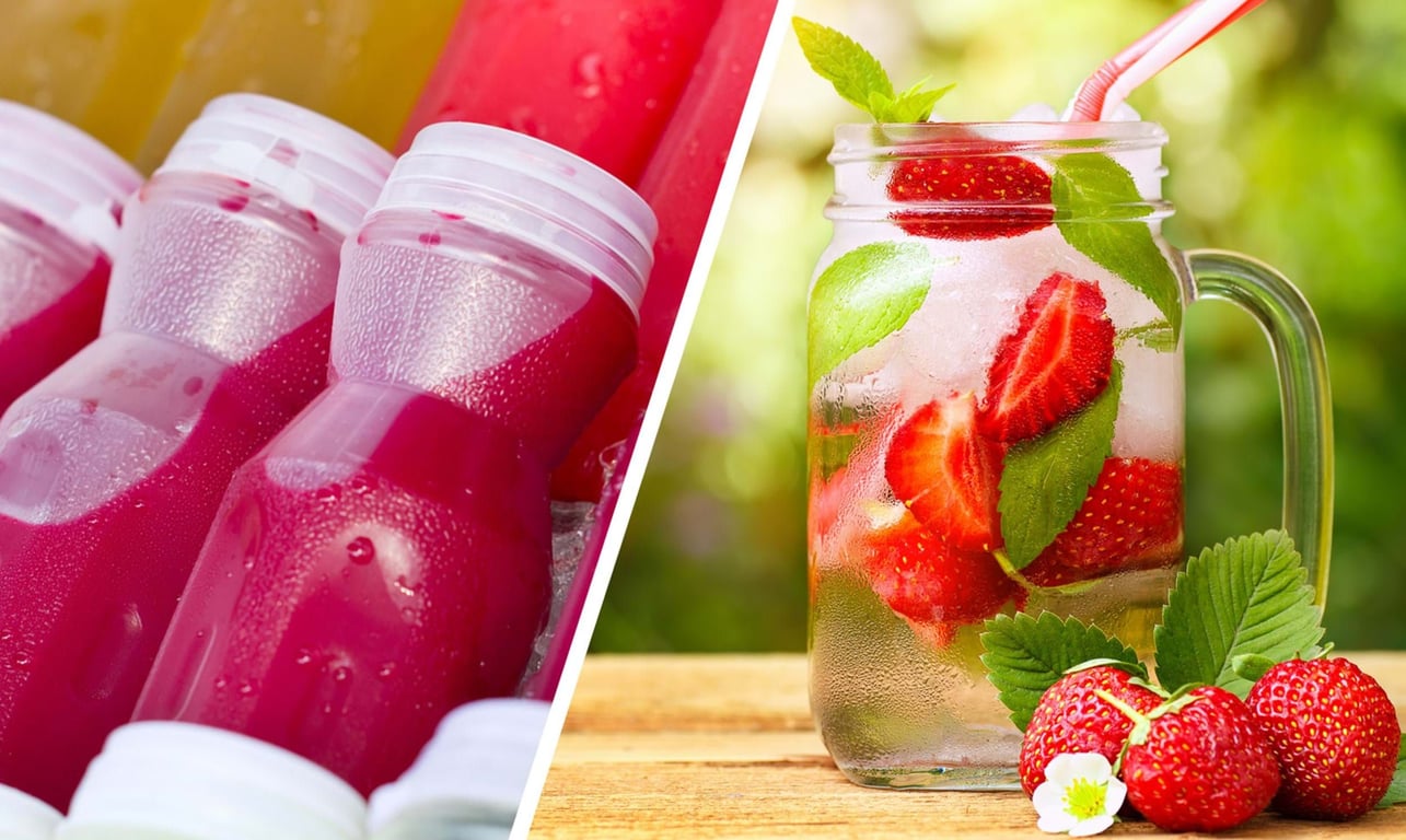 Bottles of red juice on ice and a jar of iced strawberry and mint water