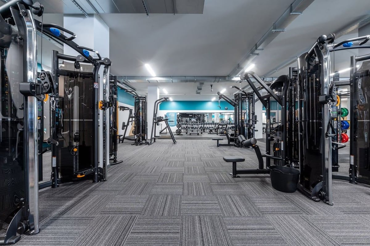 PureGym Coalville: Rows of strength machines, weight racks, benches, and rubberized flooring in a well-equipped gym.