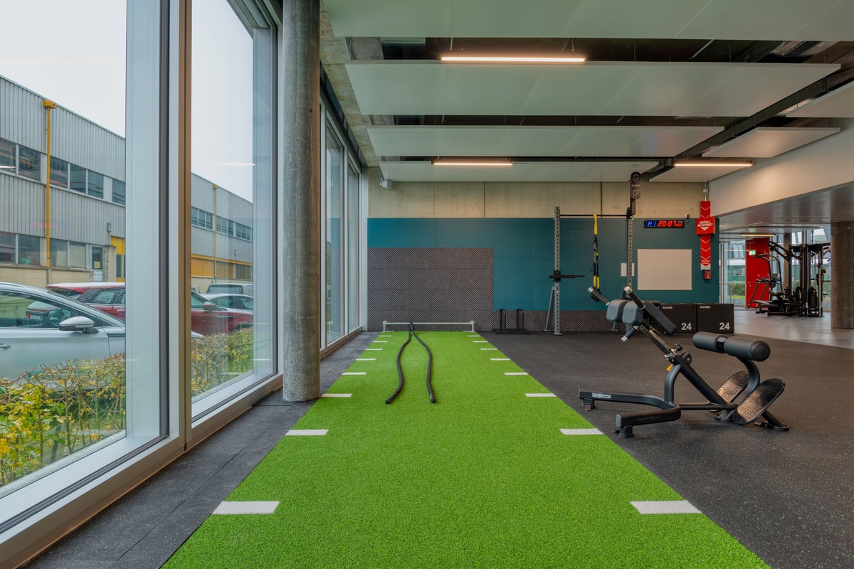 PureGym Zürich Oerlikon: Funktioneller Trainingsbereich mit Klimmzugstangen, Ringen, Wandzielen und Kunstrasen