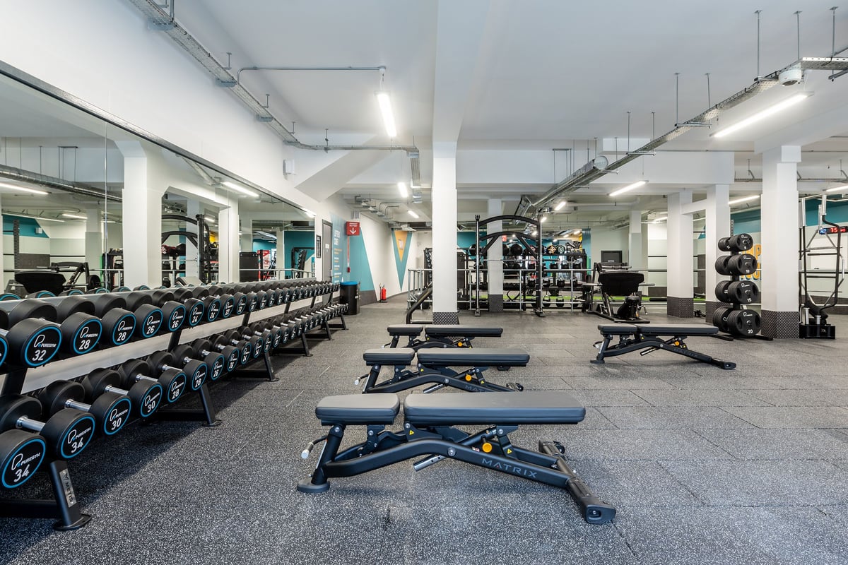 PureGym Brentwood: Rows of free weight benches, dumbbell racks, exercise machines, and mirrored walls.