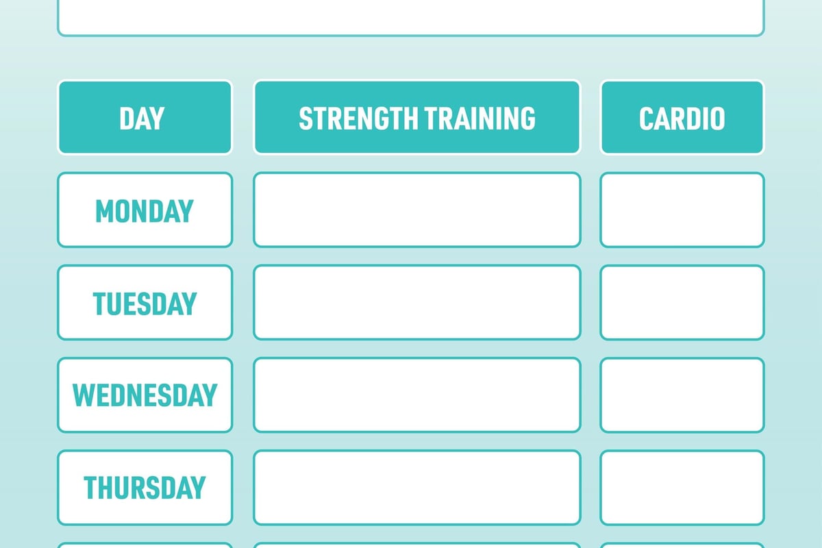 Weekly workout planner with sections for weekly goals, strength training, and cardio by da