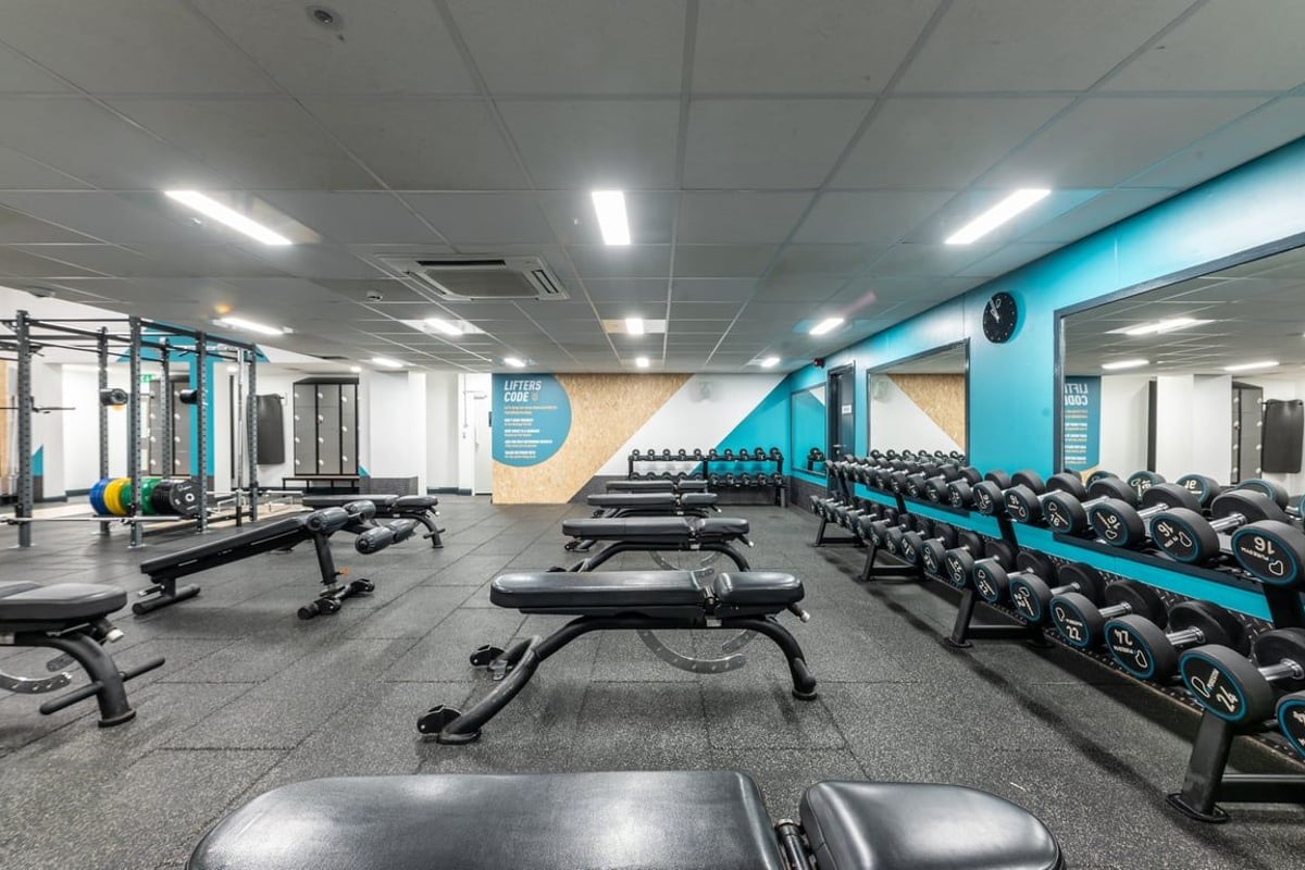 PureGym London Muswell Hill: Rows of benches, freeweights, resistance machines, and rubberized flooring in a gym studio.