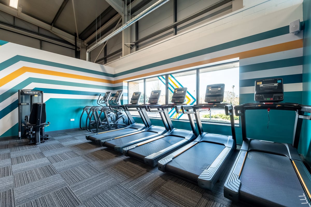 PureGym Stamford: Rows of treadmills, stationary bikes, and multicoloured accent walls in a gym setting.