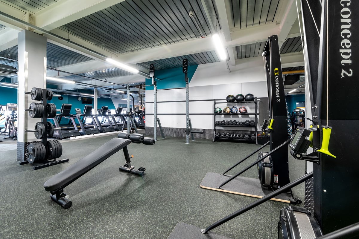PureGym London Orpington Central: Weight racks, benches, dumbbells, and rubberised flooring in a dimly lit gym studio.