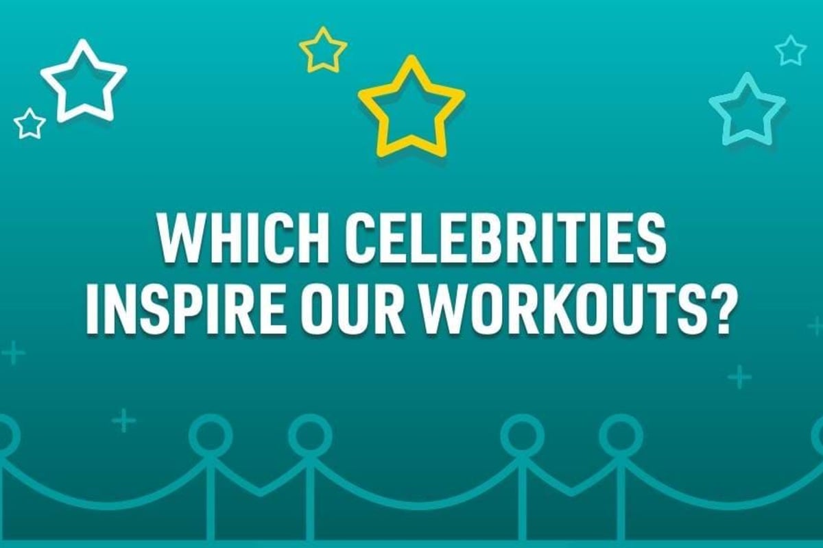 Text on teal background with star icons reading which celebrities inspire our workouts?