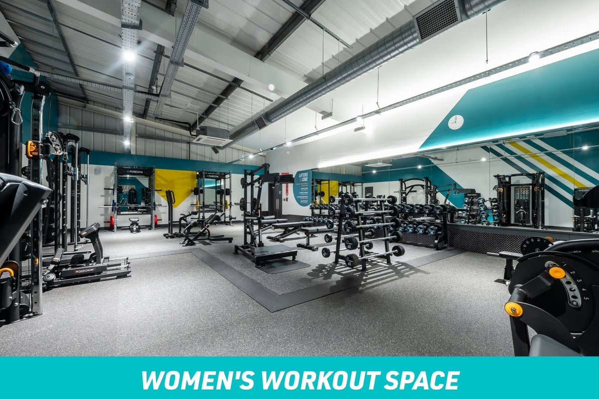 PureGym Torquay Women's Workout Space: Range of strength equipment including barbells, dumbbells and squat racks