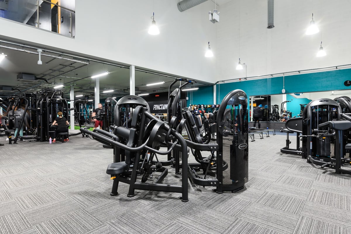 PureGym Romford: Resistance machines, weight benches, free weights, and rubberized flooring in a well-lit gym facility.