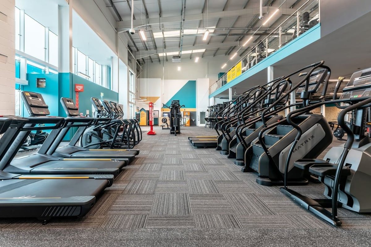 PureGym Caerphilly: Rows of treadmills and ellipticals on rubberized flooring in a brightly lit gym.