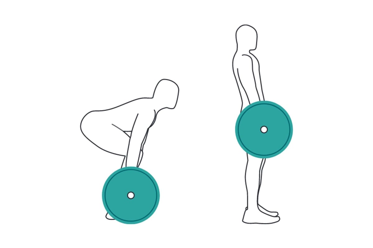 Person performing deadlift with barbell in starting and finishing positions