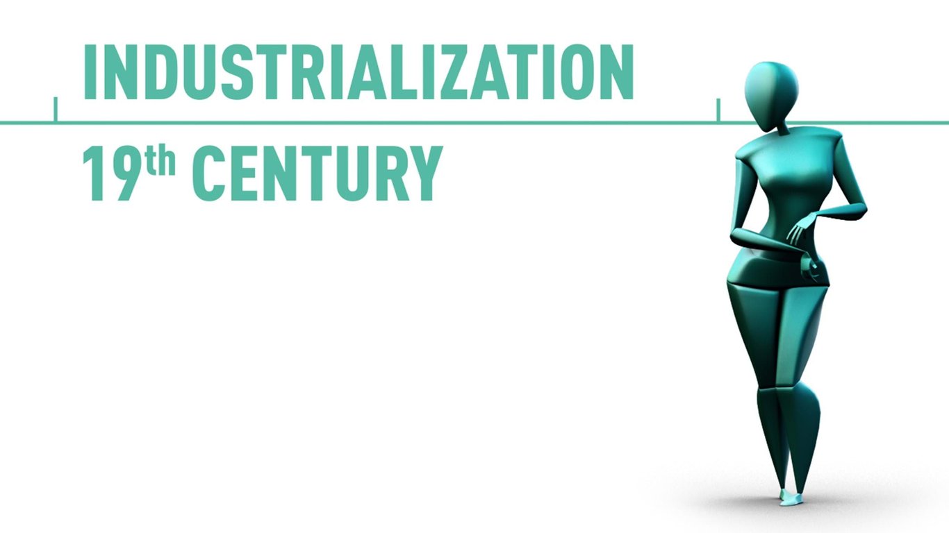 Industrialisation 19th century text with a teal abstract human figure holding a wrench