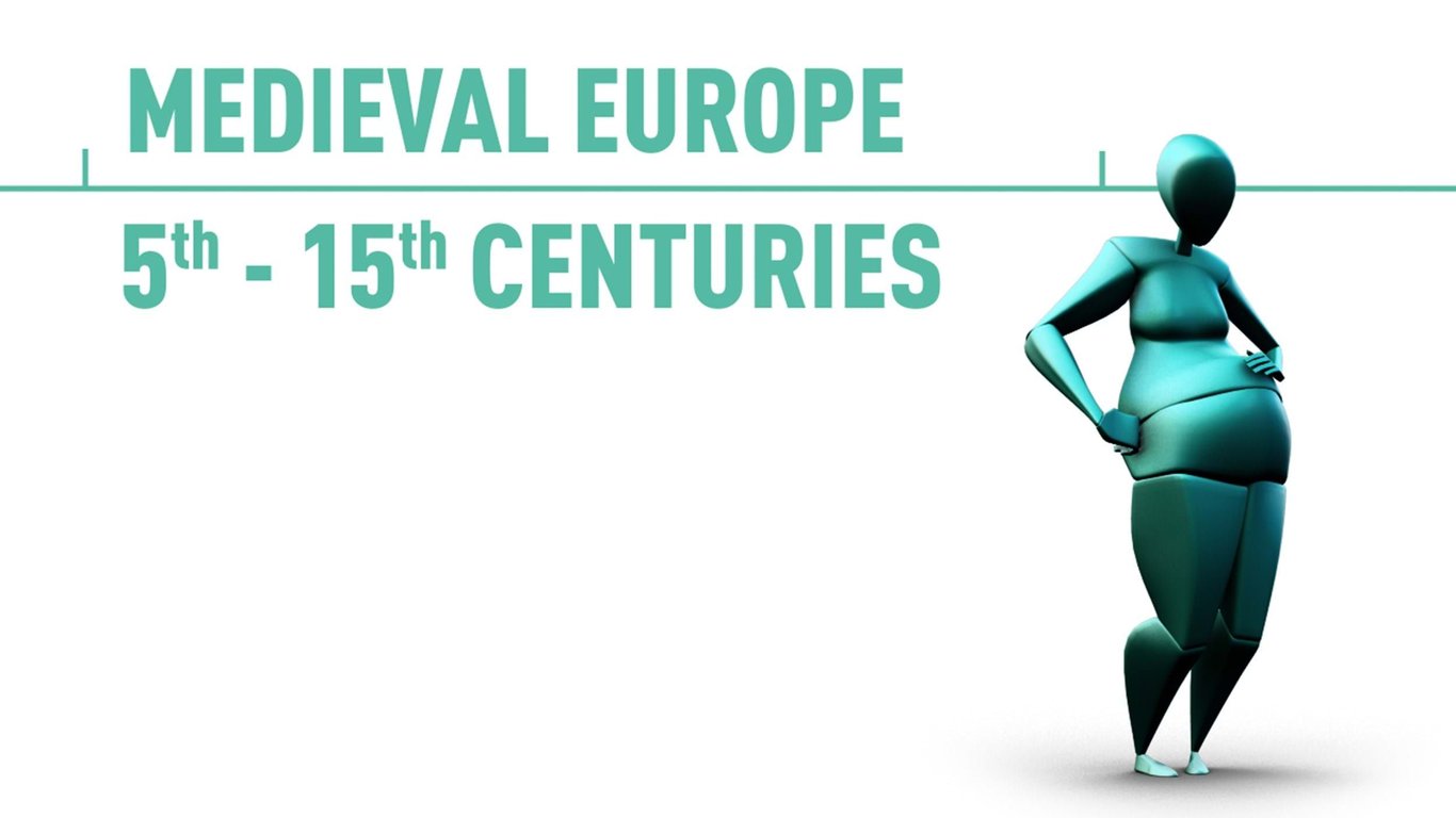 Text "Medieval Europe 5th - 15th centuries" with a teal abstract human figure standing on