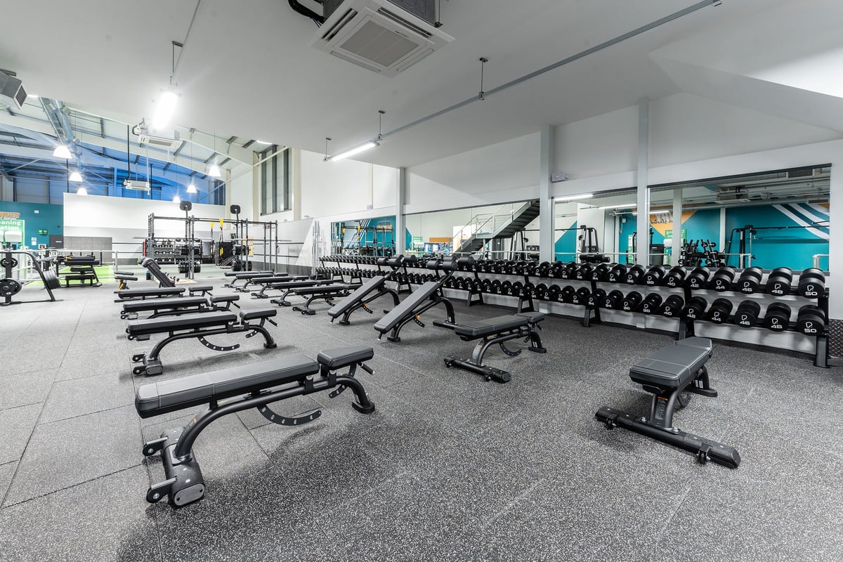 PureGym Torquay Bridge Retail Park: Rows of weight benches, free weights, and rubberized flooring in a modern gym studio.