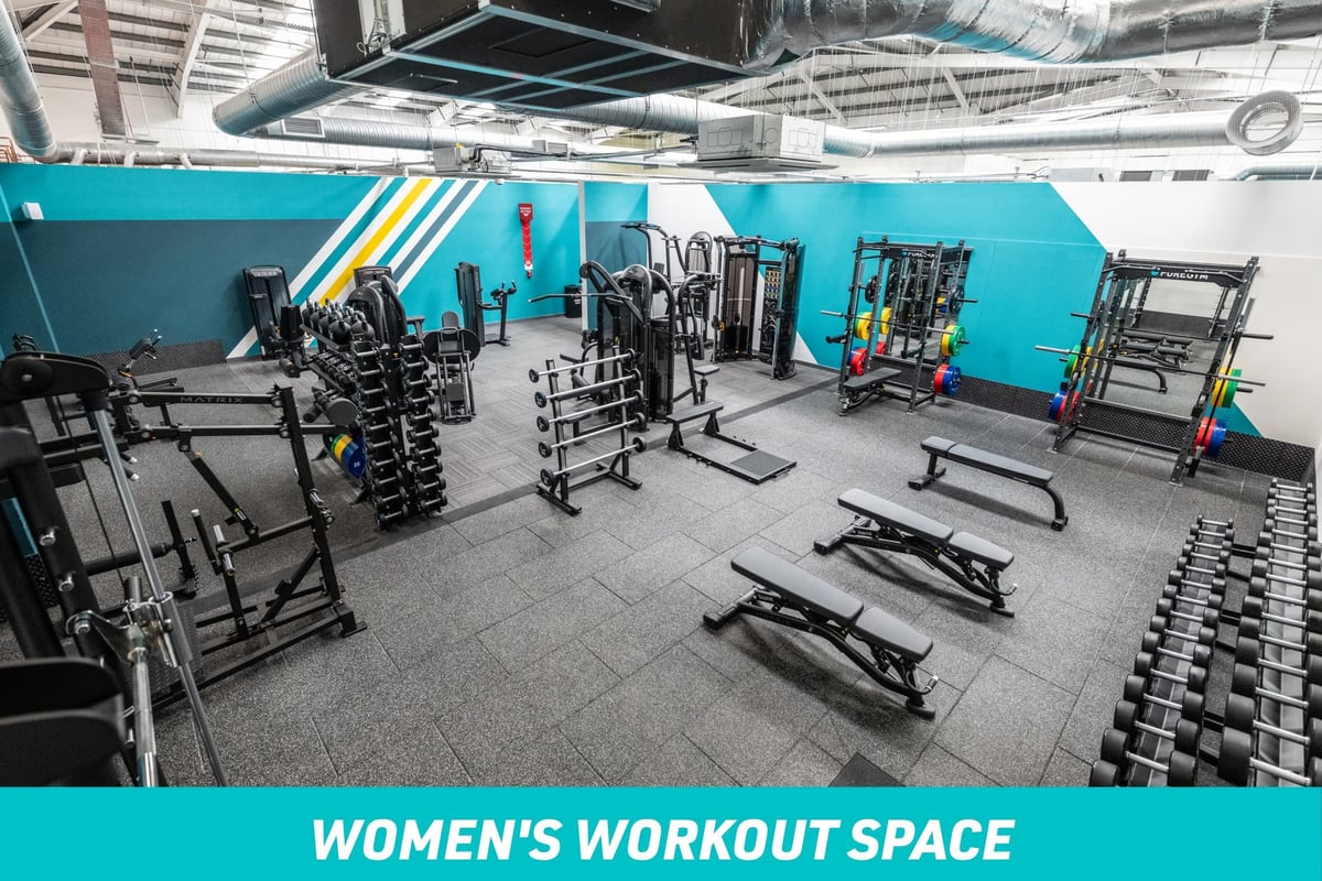 PureGym Wakefield Women's Workout Space: aerial view of benches, barbells, squat racks, dumbbells, fixed pin machines, kettlebells