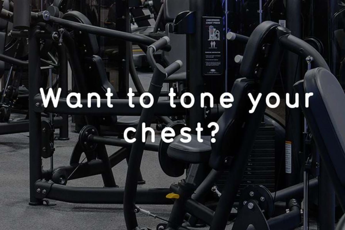 Gym equipment for chest exercises with text Want to tone your chest?