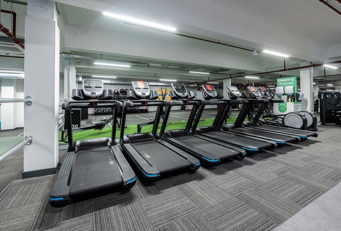 PureGym Gravesend: Rows of treadmills in a well-lit gym space with rubberised flooring.