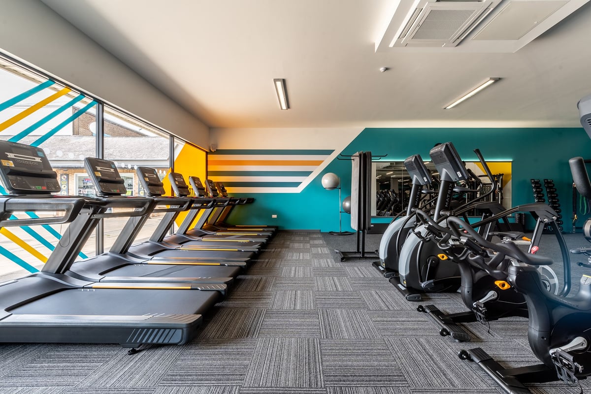 PureGym Coalville: Rows of treadmills, exercise bikes, colourful accent walls with geometric designs.