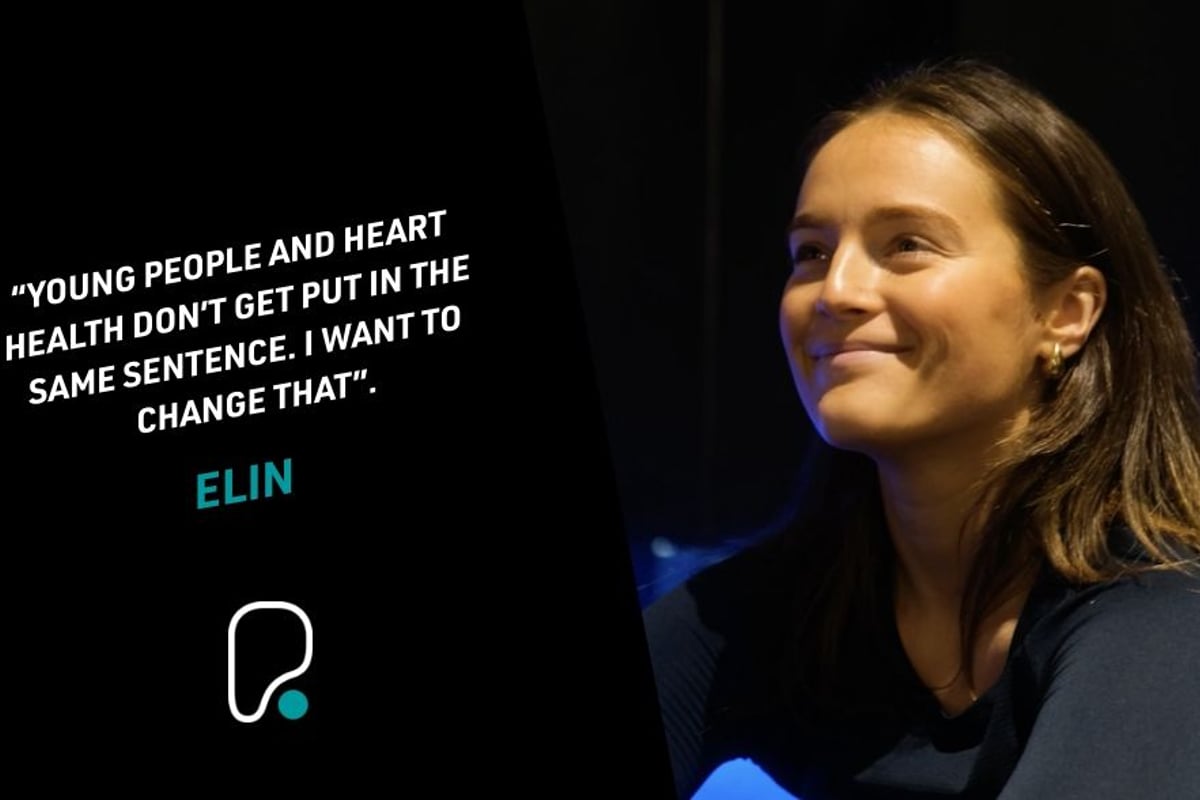 Young woman with brown hair smiling against a dark background with a health quote.