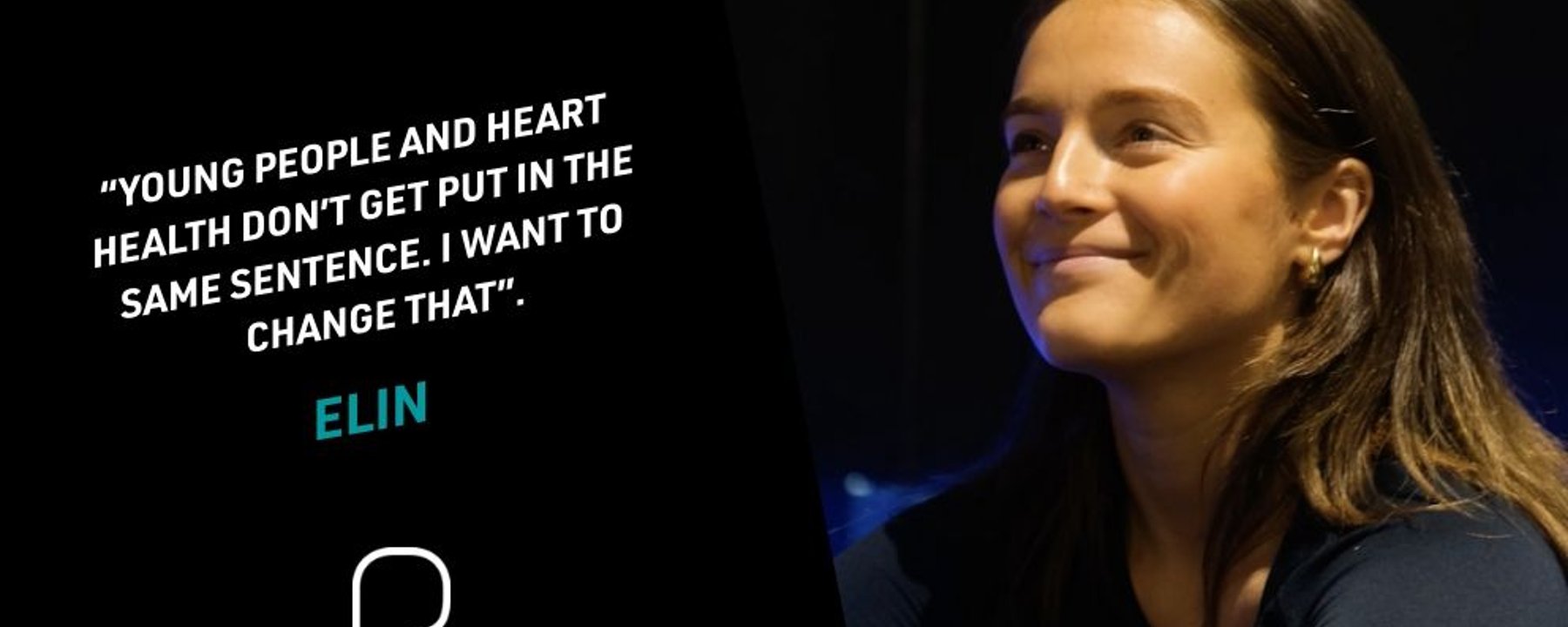 Young woman with brown hair smiling against a dark background with a health quote.