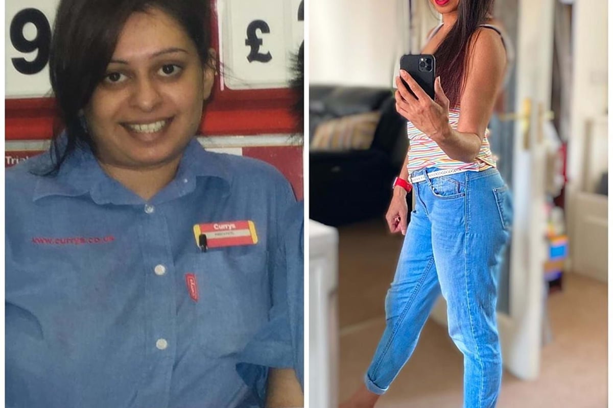 Woman in blue work uniform smiling and woman in casual clothes taking a mirror selfie