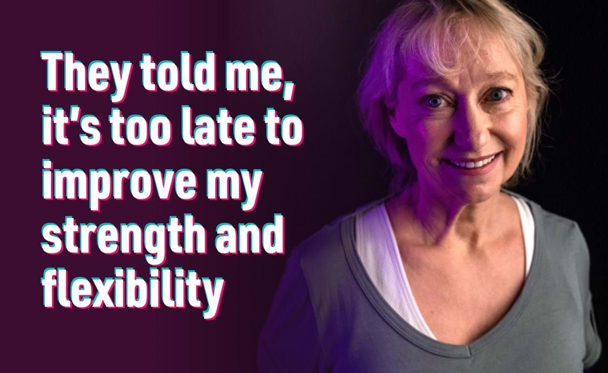 Smiling older woman with short blonde hair against a dark background with text.