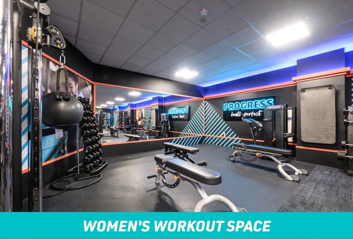 PureGym London Park Royal Women's Workout Space: functional trainer, benches, mirror