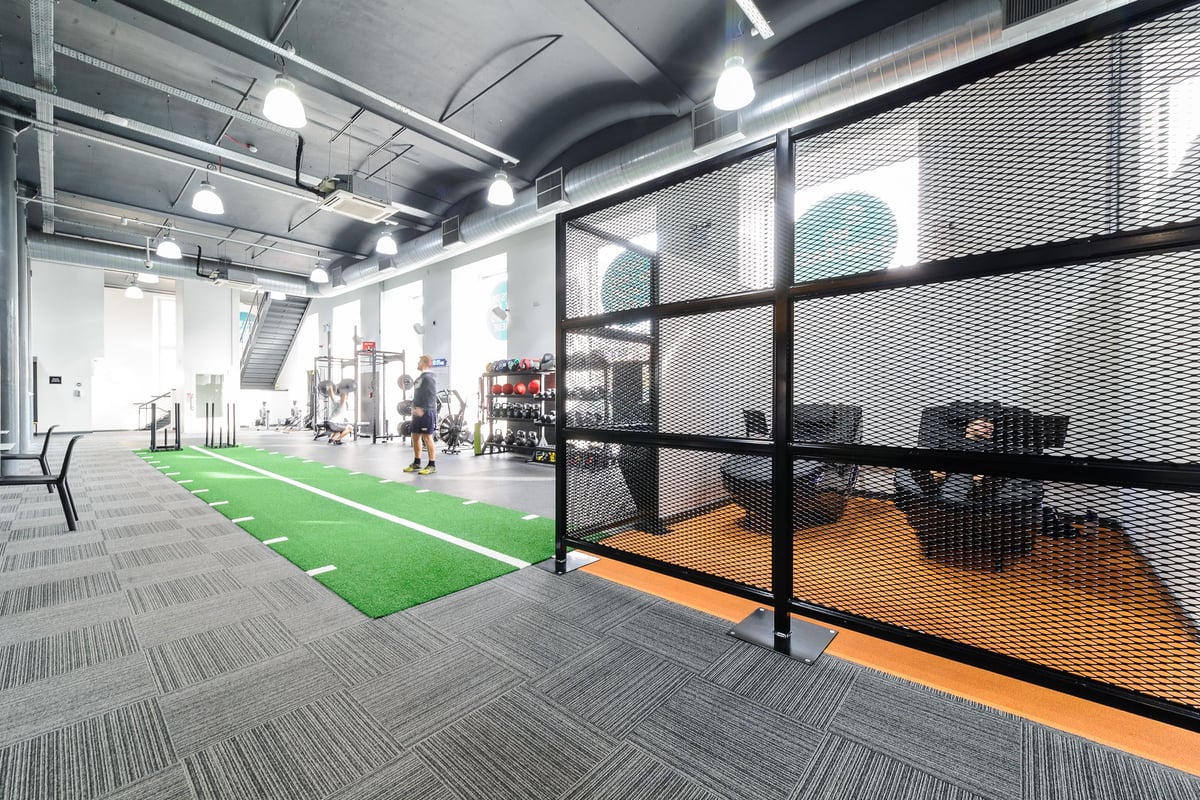 PureGym Dundee: Turf area, batting cage, weight racks, with rubberized and carpeted floors.