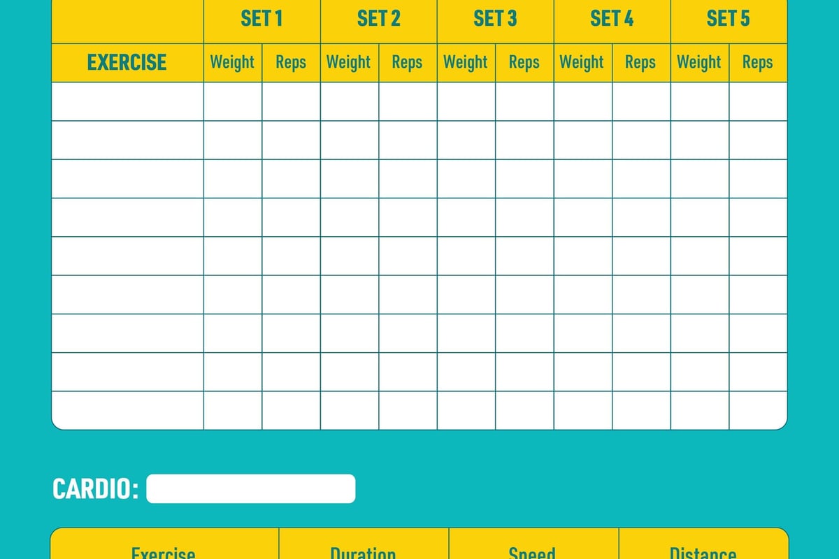 Daily workout planner with sections for weights, reps, cardio, duration, speed, and distan