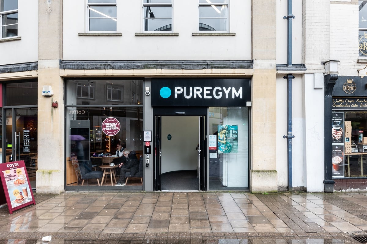 PureGym Bristol Union Gate: Exterior storefront of a PureGym fitness center on a city street.